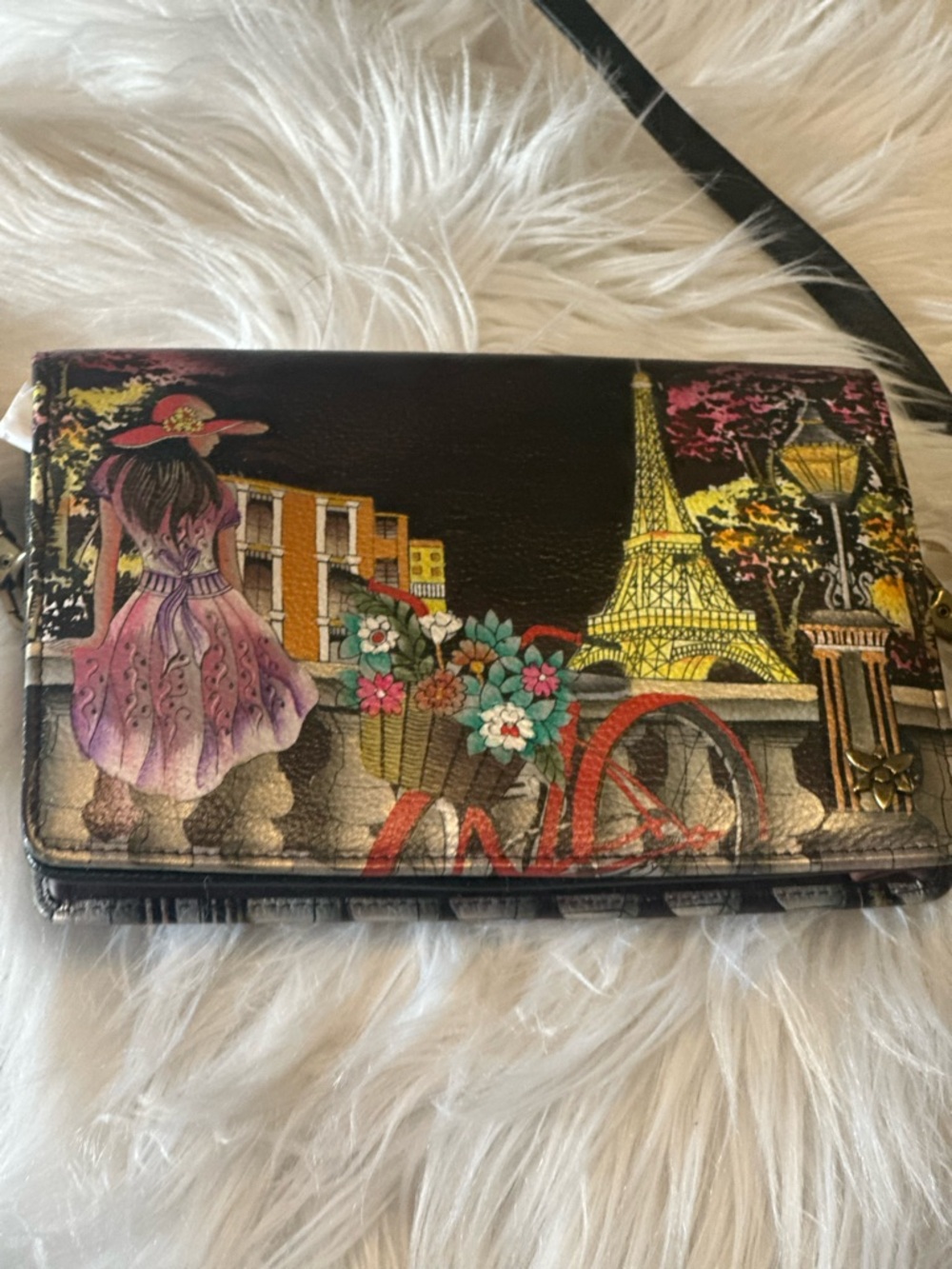 Anuschka Paris Scene Crossbody Wallet - Black with Pink and Yellow Accents